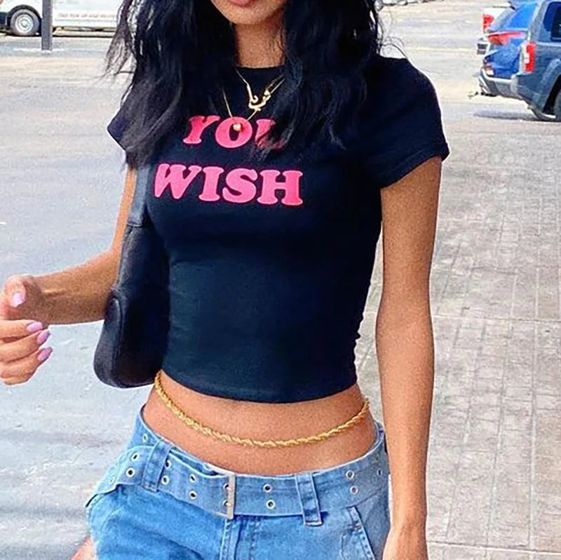 Aesthetic Fashion 2000S Cute Pink Letter Print Black Baby Tee Y2K Clothes Streetwear Vintage Short Sleeve Crop Top Women T-shirt Street King Limited