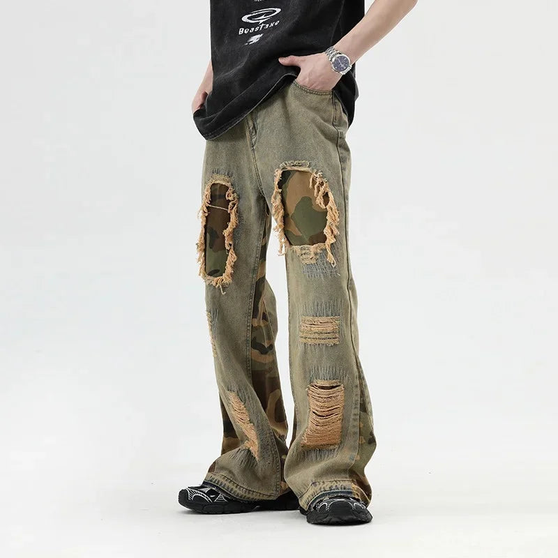 hip hop camouflage ripped patchwork denim pants for men y2k vintage streetwear wide leg jean 2025 new distressed baggy jeans stacked flare jeans