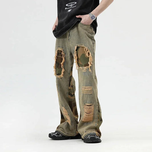hip hop camouflage ripped patchwork denim pants for men y2k vintage streetwear wide leg jean 2025 new distressed baggy jeans stacked flare jeans