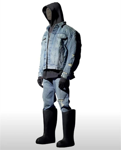 24fw kanye west yzy brand fashion high street heavy weight denim jacket worn quality jacket coat for men ripped baggy denim