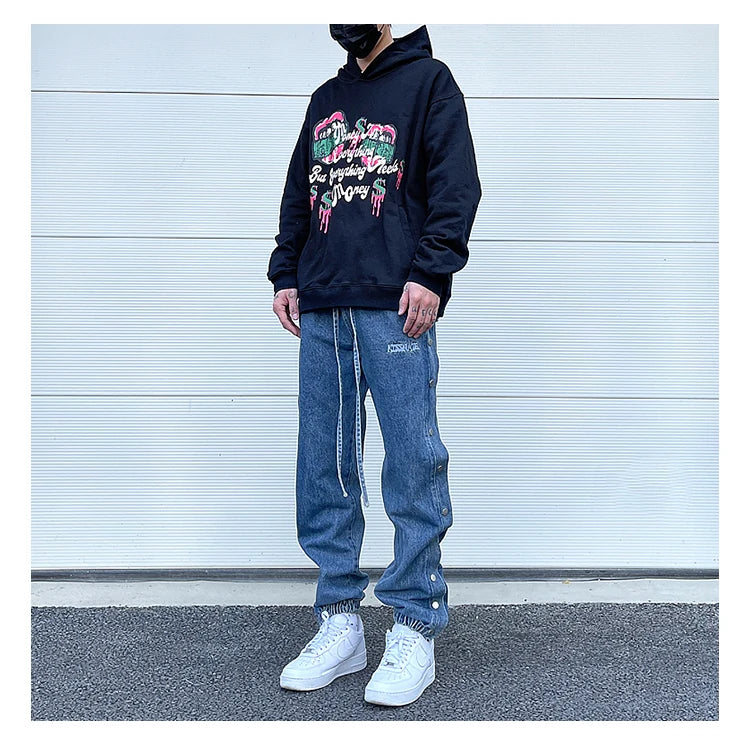 washed distressed denim sweatpant cashew flower patchwork oversized splice buckle jogging jeans casual button baggy men clothing unique joggers style 3349