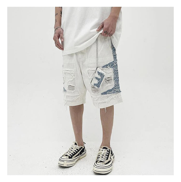 Mens High Street Denim Jean Shorts Casual Loose Destroyed Ripped Holes Loose Shorts Patchwork Hip Hop Streetwear Short Joggers Street King Limited