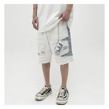Mens High Street Denim Jean Shorts Casual Loose Destroyed Ripped Holes Loose Shorts Patchwork Hip Hop Streetwear Short Joggers Street King Limited