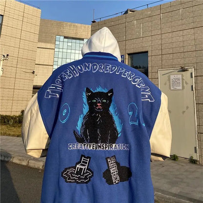 baseball jacket men women patchwork high street retro flocking letter cat coat spring autumn casual loose varsity jackets unisex unique default style 3817