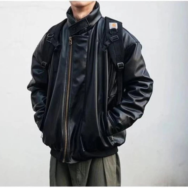 japanese street motorcycle set men thickened stand collar hip hop leather jacket harajuku casual pants 2 pcs bomber suit 2023 clean everyday pants