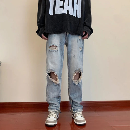 bottom zipper destroyed washed jeans skinny jeans ripped holes trousers men biker jeans fashion streetwear hip hop pants joggers sporty tapered joggers