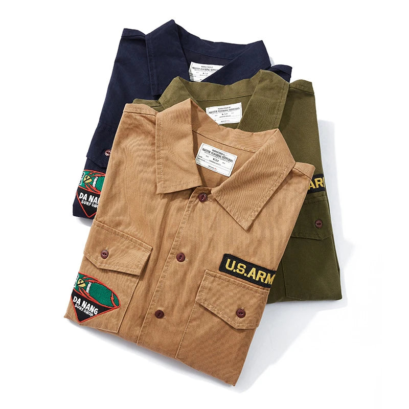 Amekaji Vintage Embroidered Long Sleeve Tooling Shirt Men Spring Autumn New Workwear Lapel Multi-pocket Cargo Shirt Cardigan Top Street King Limited
