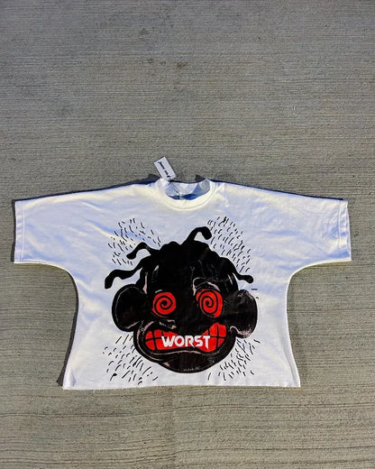American Gothic Devil Print Oversized Round Short Sleeve Men's Y2K Street Hip-Hop Retro Harajuku All-match Top Couple Style Street King Limited