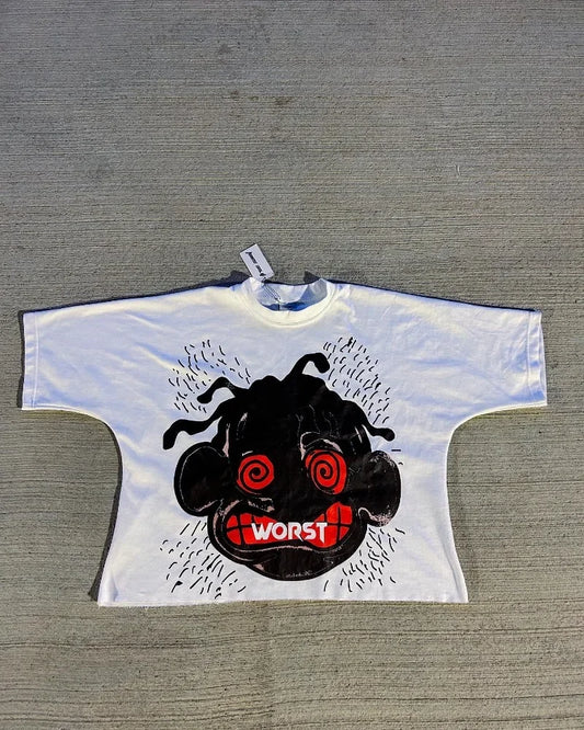 American Gothic Devil Print Oversized Round Short Sleeve Men's Y2K Street Hip-Hop Retro Harajuku All-match Top Couple Style Street King Limited