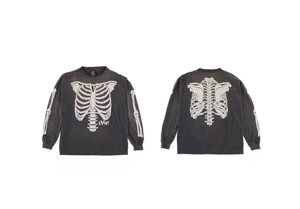 Vintage Retro Summer Skeleton round neck printed loose retro Sweater washed worn Pullover High-Street Long Sleeve Tee Street King Limited