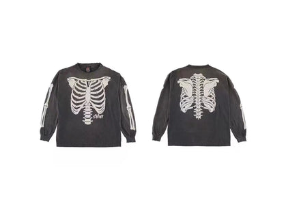 Vintage Retro Summer Skeleton round neck printed loose retro Sweater washed worn Pullover High-Street Long Sleeve Tee Street King Limited