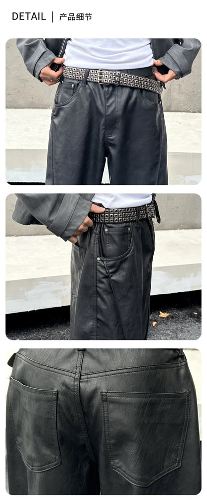 men streetwear fashion hip hop loose casual wide leg leather baggy motorcycle pant cityboy cargo pants trousers unique cargo style 2460