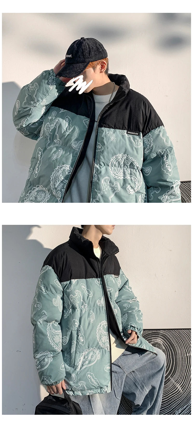 Men Japanese Streetwear Puffer Jackets 2023 Winter Mens Full Print Fashions Bubble Coat Couple Patchwork Thick Parkas Street King Limited