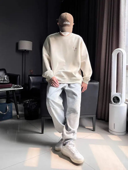 Trendy Korean Personalized Street Sweatshirt Men American Fashion Brand High Street Hip Hop Letter Round Neck Long Sleeved Top Street King Limited