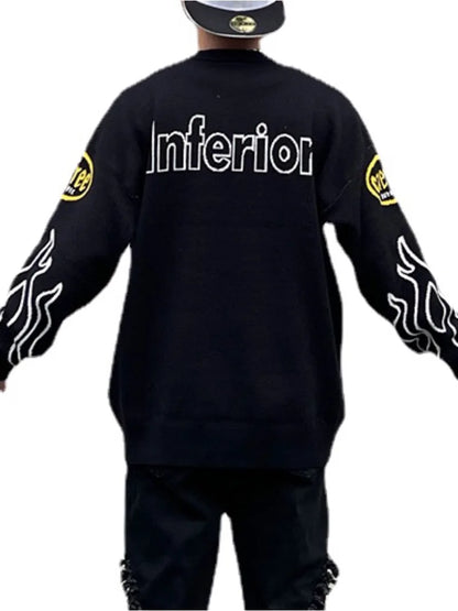 Hip Hop Knitted Sweater Men Letter Fire Pattern O-neck Pullover Streetwear Casual Loose Sweater Unisex Harajuku Jumpers Knitwear Street King Limited