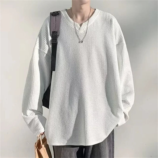 Autumn Men's V-neck Long Sleeve T-shirts New Solid Color Jacquard Waffle Pullover Tops High Street Fashion Breathable Tee Shirts Street King Limited