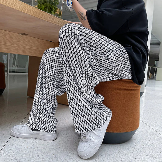 Summer Ice Silk Pants Men Oversized Retro Plaid Pants Men Japanese Streetwear Loose Wide Leg Pants Mens Pleated Trousers M-5XL Street King Limited