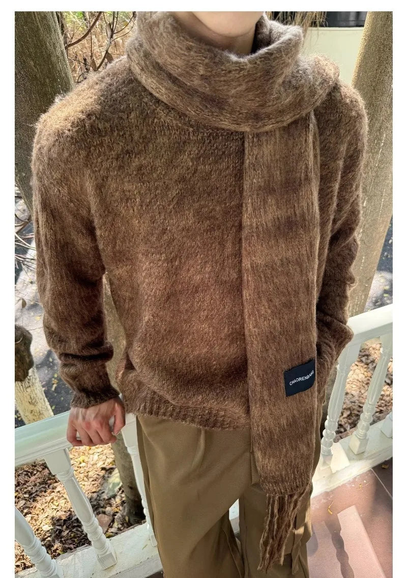 Autumn Warm Sweater Mens Korean Street Simplicity Round Neck Pullover+Solid Color Scarf Two-piece Set Casual Knitted Tops Trend Street King Limited