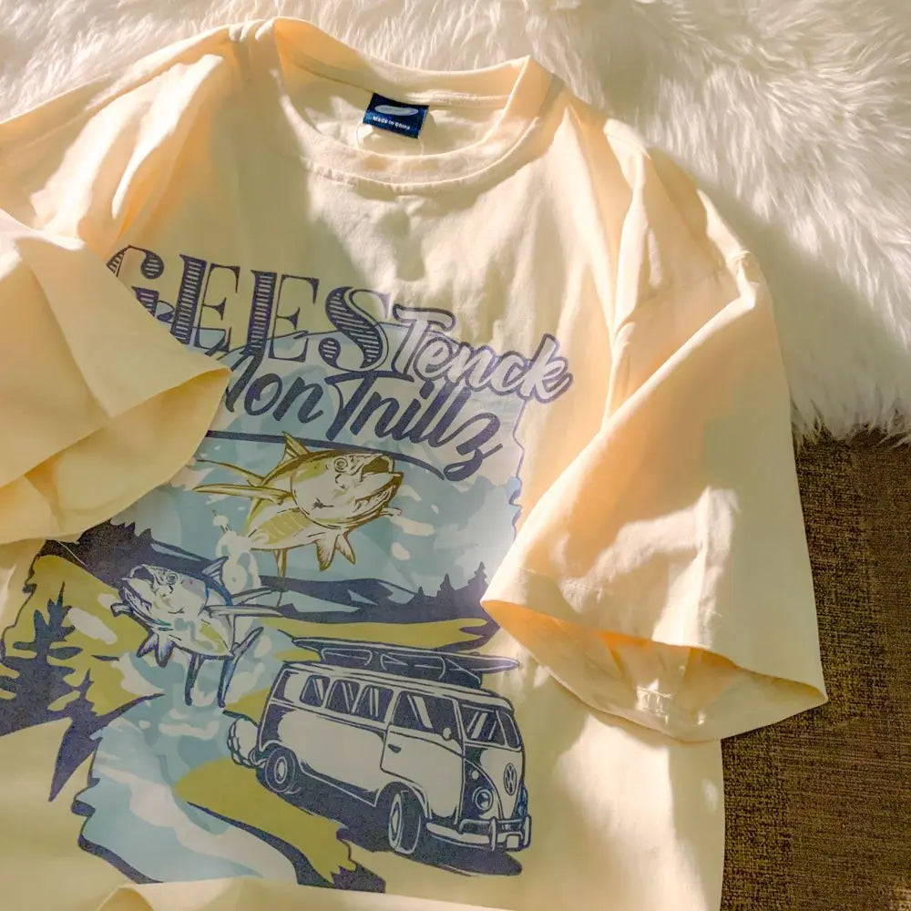 Pure cotton Japanese milk yellow cartoon car print short-sleeved T-shirt for men and women trendy loose and versatile clothes Street King Limited