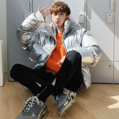 Winter Jacket Men Parkas Thicken Warm Coat Stand Collar Oversize Parkas Bright Leather Fabric Jacket Korean Style Padded Coat Street King Limited