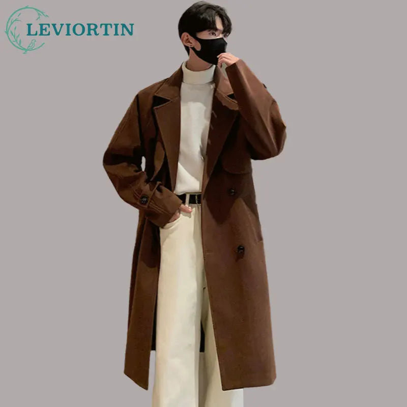Men's Autumn Winter Mid Length Woolen Coat New Korean Tide Black Thickned Overcoat Long Sleeve Double-breasted Jackets Street King Limited