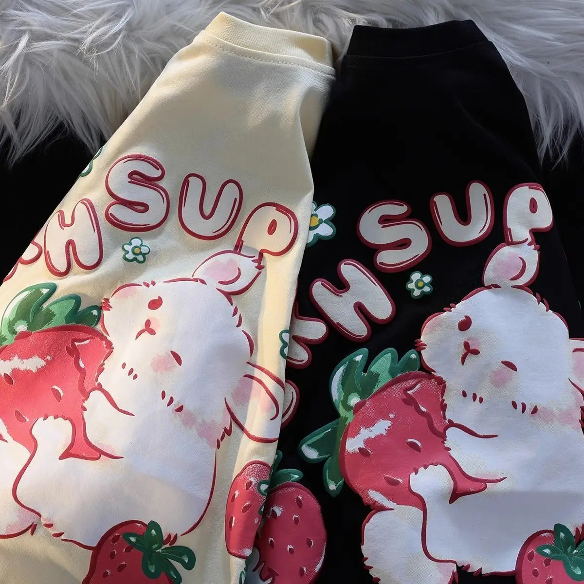 Cute Cartoon Rabbit Strawberry Fruit Print T Shirts Student Girls Kawaii Tee High Quality Cotton Summer Short Sleeve Casual Tops Street King Limited