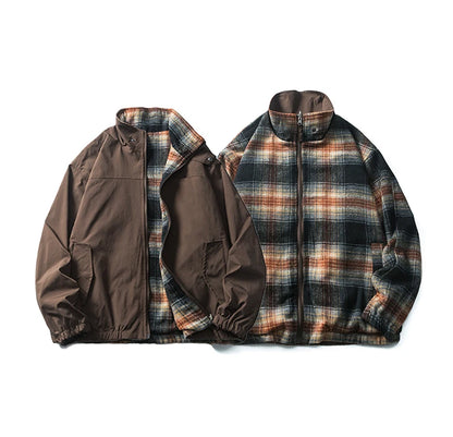 double side wearable coach jacket men streetwear fashion cleanfit splice plaid loose casual outdoor cargo jacket boyfriend coat unique cargo style 820