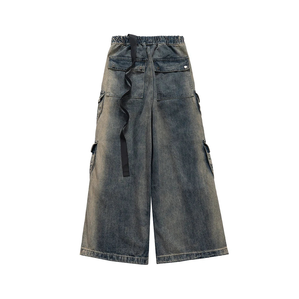 RO Style Gradient Ribbons Multi-pockets Drawstring Jeans for Men Harajuku Streetwear Baggy Y2K Denim Trousers Oversized Cargos Street King Limited