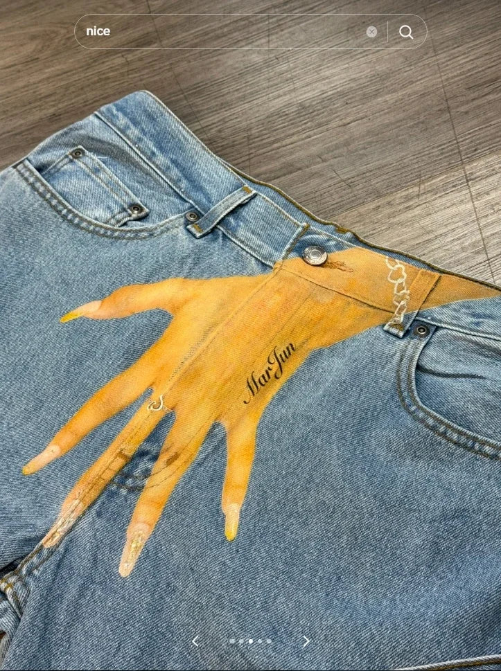 Harajuku Hand Print Graphic Streetwear Women High Waist Wide Couples y2k denim baggy Jeans Men Pants Trousers men clothing Street King Limited