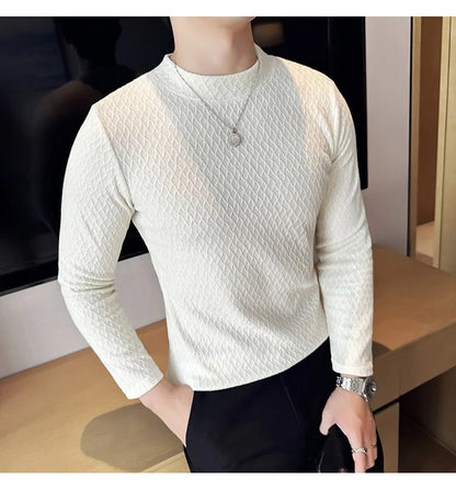 Autumn Winter Semi-turtleneck Stretch Slim Fit Long Sleeve Tshirt Men Thicken Velvet Jacquard Casual T-shirt Bottom T Shirt Street King Limited