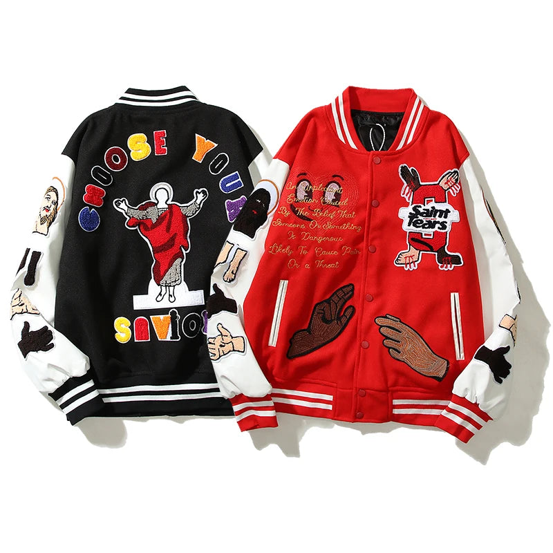 high street color block graffiti embroidery baseball jacket mens leather sleeve woolen patchwork stand oversized winter coats unique default style 929