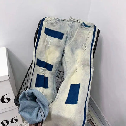 men and women trendy high street retro washed ripped color blocked jeans summer hip hop loose straight leg casual pants y2k urban skinny jeans