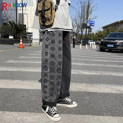 rainbowtouches bandana paisley pants mens high street color matching full print straight hip hop retro legged casual pant unisex relaxed fit trousers