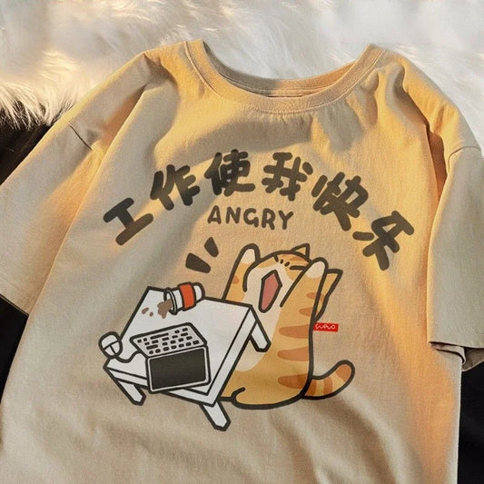 Trendy Street Trend Cat Print Men and Women Vintage Personalized Graphic T-shirt Academy Style Loose Round Neck Short Sleeve Street King Limited