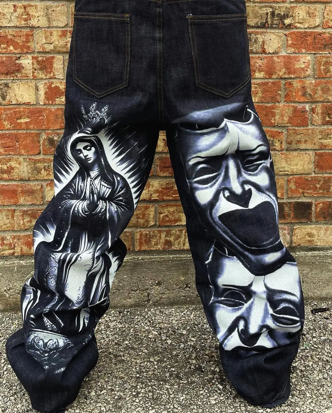 harajuku retro y2k pants gothic skateboard jeans skull denim print loose slouchy jeans men women pants streetwear hip hop jeans unique jeans style 3993
