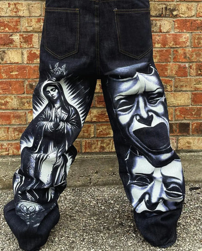 harajuku retro y2k pants gothic skateboard jeans skull denim print loose slouchy jeans men women pants streetwear hip hop jeans unique jeans style 3993