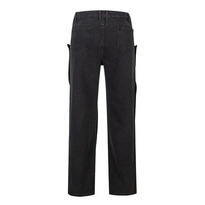 detachable button black washed baggy jeans for men straight harajuku ropa hombre loose denim trousers oversized cargo pants utility cargo pants