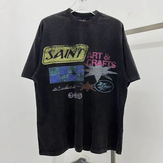 Saint T-shirts New Vintage Wash Letter Printing Chaopai High Street Men Woman Loose Casual Short Sleeve Top Tee Street King Limited