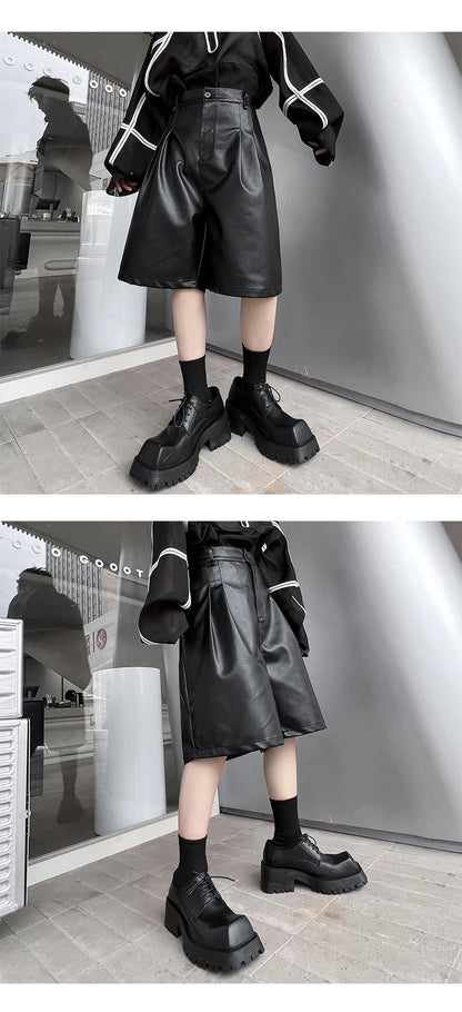 men japanses korean streetwear fashion hip hop loose casual dark black wide leg leather shorts male short pant unique shorts style 915