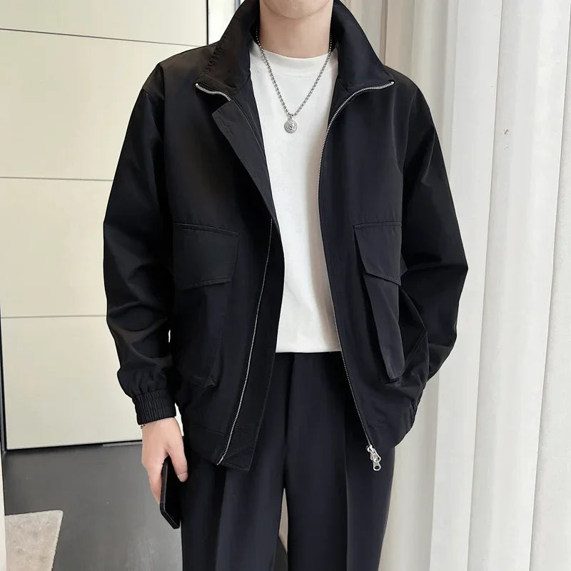 autumn solid color cargo jackets for men new korean fashion zipper cardigan coats stand collar streetwear bomber jacket hombre military streetwear pants