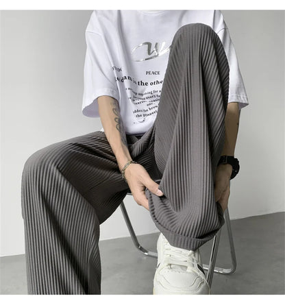 summer texture straight pants for men korean fashion baggy wide leg trousers casual drape pleated striped y2k pantalones hombre unique default style 482