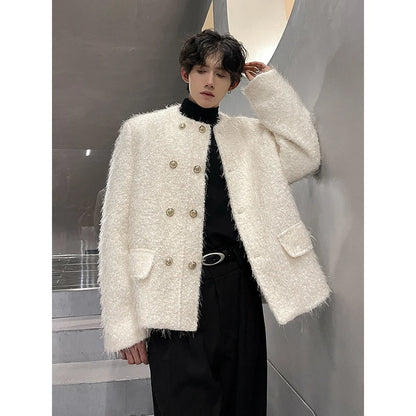 men double breasted french streetwear retro fashion loose casual tassels woolen short jacket man korean coat outerwear techwear shorts