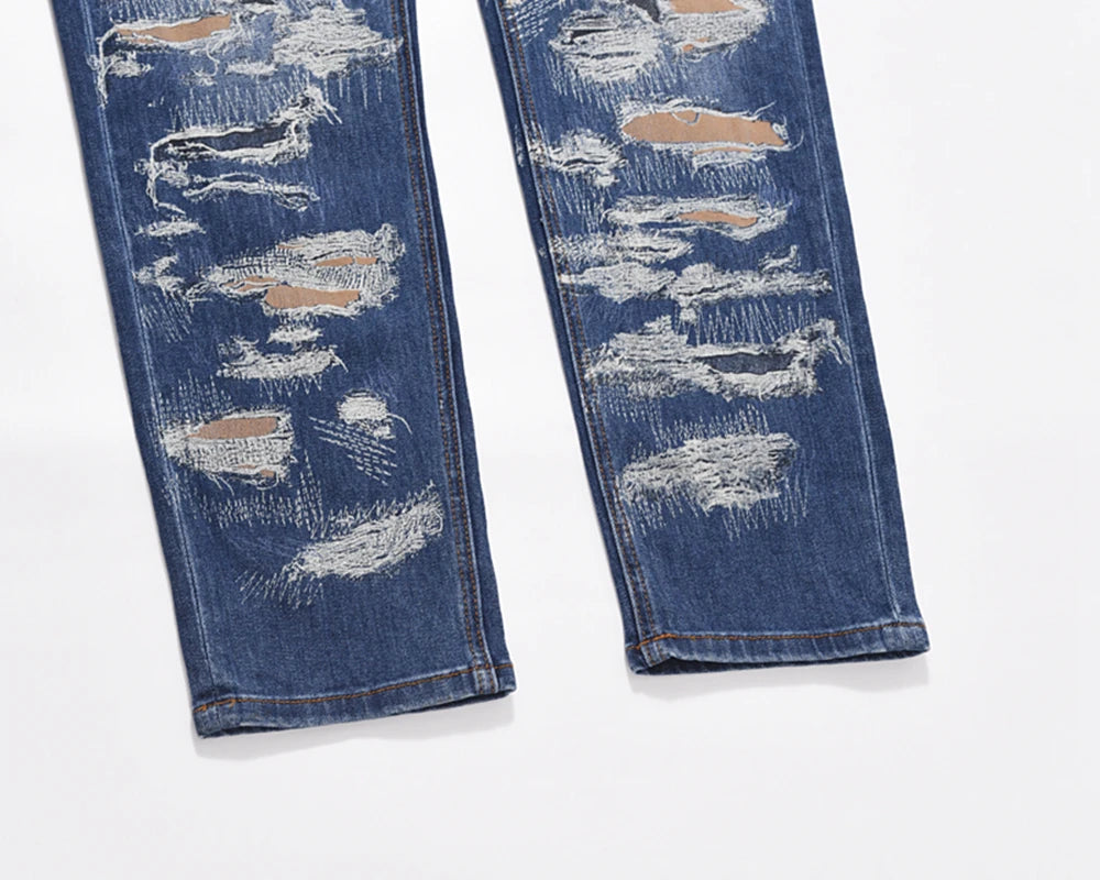 harajuku cut hole ripped patchwork blue jeans for men straight retro streetwear casual denim pants oversized loose trousers unique jeans style 1101