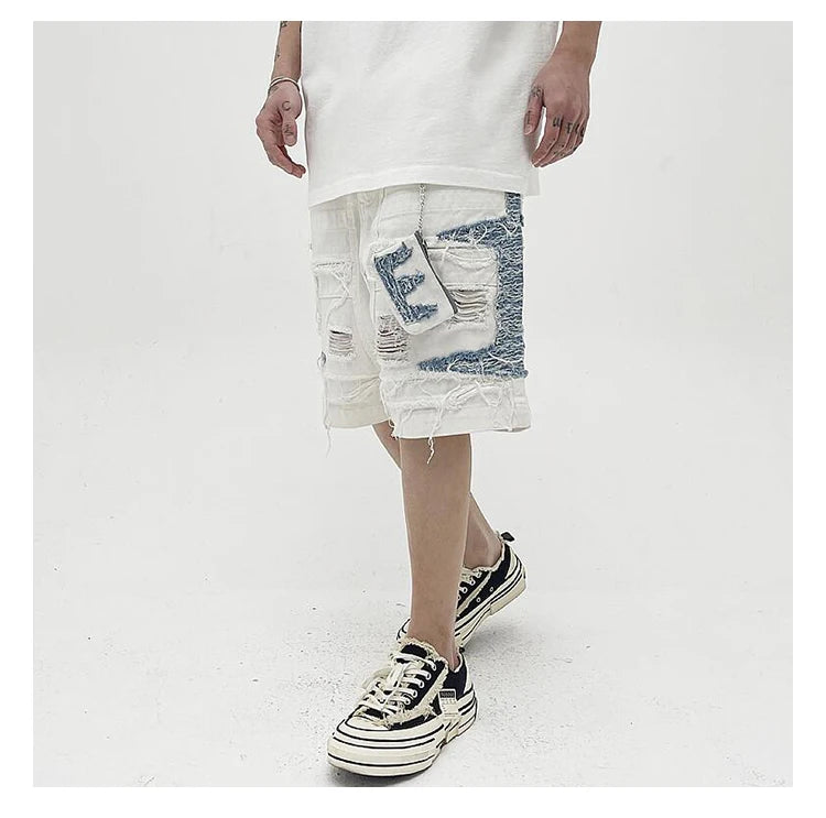 Mens High Street Denim Jean Shorts Casual Loose Destroyed Ripped Holes Loose Shorts Patchwork Hip Hop Streetwear Short Joggers Street King Limited