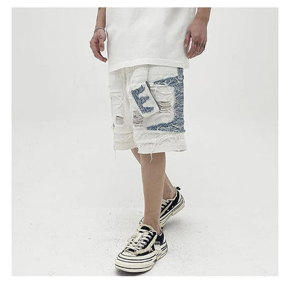 Mens High Street Denim Jean Shorts Casual Loose Destroyed Ripped Holes Loose Shorts Patchwork Hip Hop Streetwear Short Joggers Street King Limited