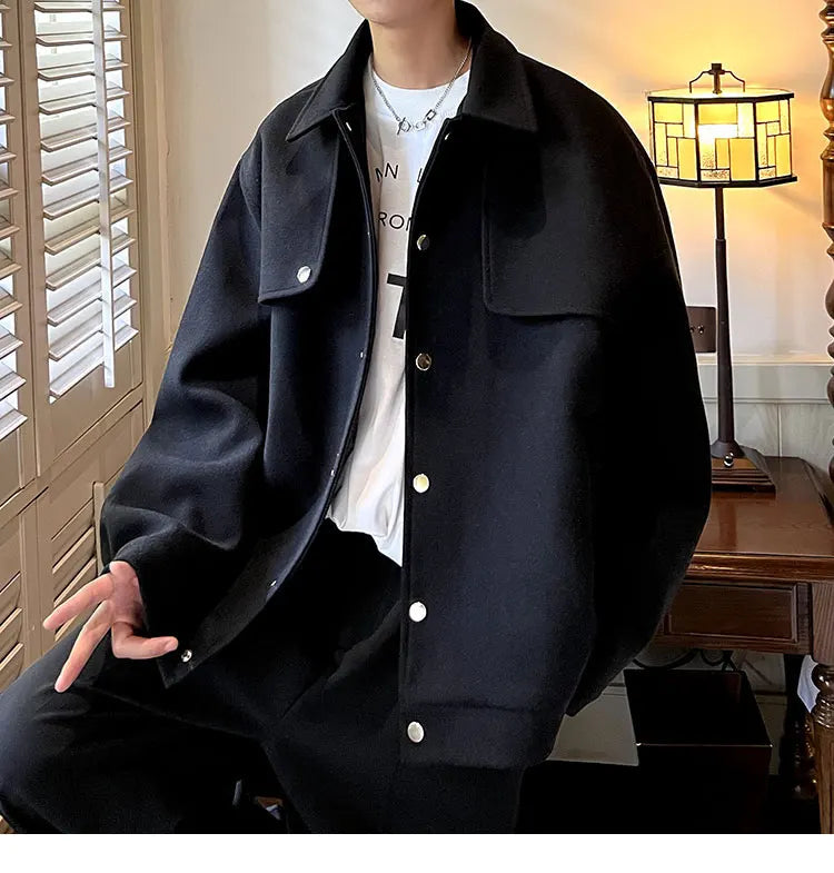 Winter Short Woolen Coat Men Warm Retro Thickened Woolen Jacket Men Streetwear Korean Loose Woolen Coat Mens Oversized Overcoat Street King Limited