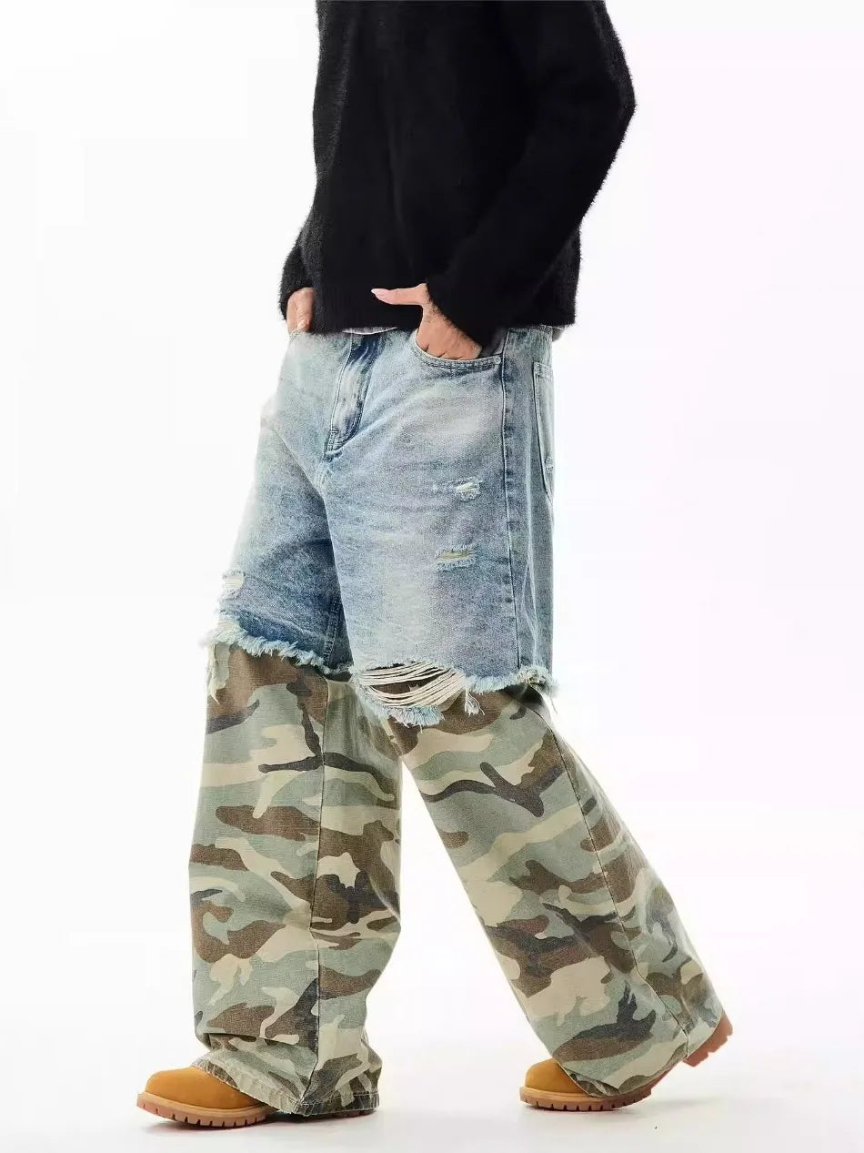 Camouflage Patchwork Jeans Mens Fake Two Items Street Punk Unisex Denim Pants Multiple Pockets Blue Size S-3XL Cowboy Trousers Street King Limited
