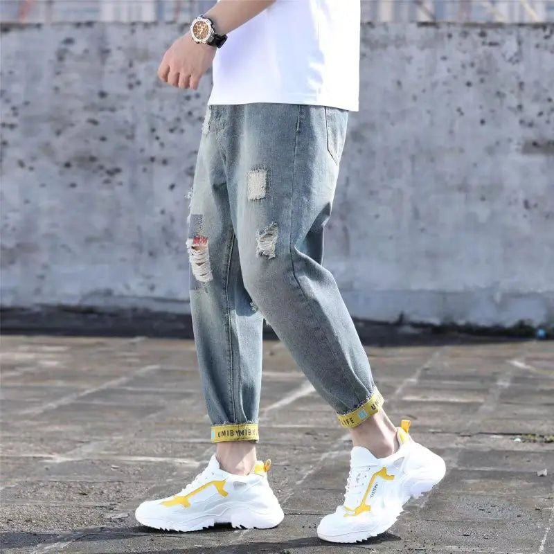 Men's Jeans with Holes Man Cowboy Pants Cropped Harem Hip Hop Trousers 2024 Korean Style Torn Ripped Broken Retro Classic pants Street King Limited