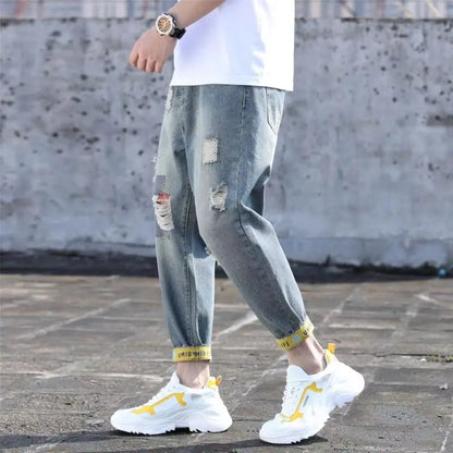 Men's Jeans with Holes Man Cowboy Pants Cropped Harem Hip Hop Trousers 2024 Korean Style Torn Ripped Broken Retro Classic pants Street King Limited