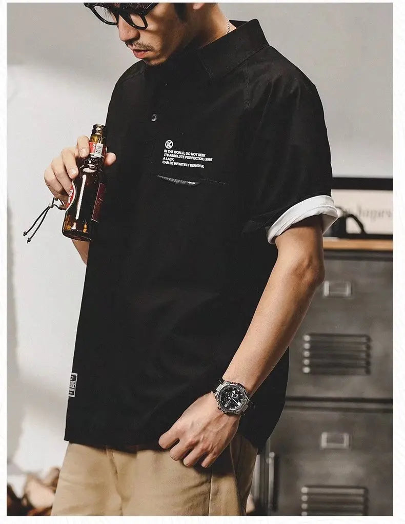 American Vintage Short-Sleeved T-Shirt Men's Summer Vintage Workwear Polo Shirt Loose And Versatile Five-Quarter Sleeve Top Street King Limited